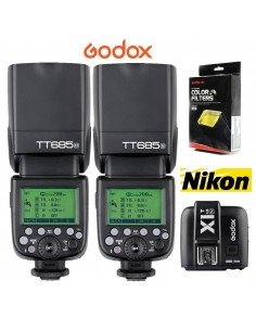 Kit 2 Flashes Godox TT685 Nikon TTL HSS Gn60 y transmisor X1. Gratis difusor